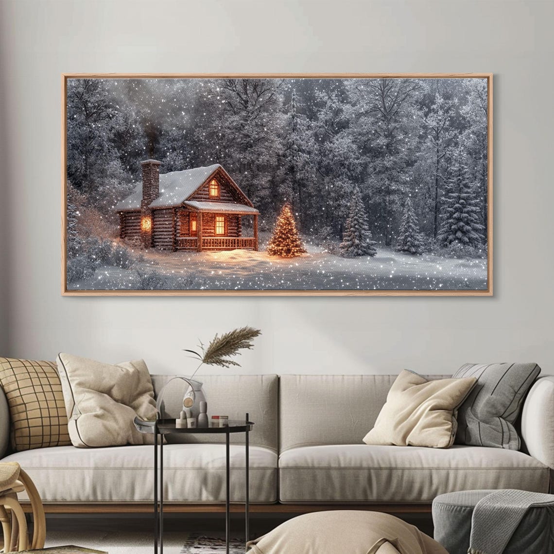 Winter Log Cabin Night Snowfall Lit Christmas Tree Rustic Poster