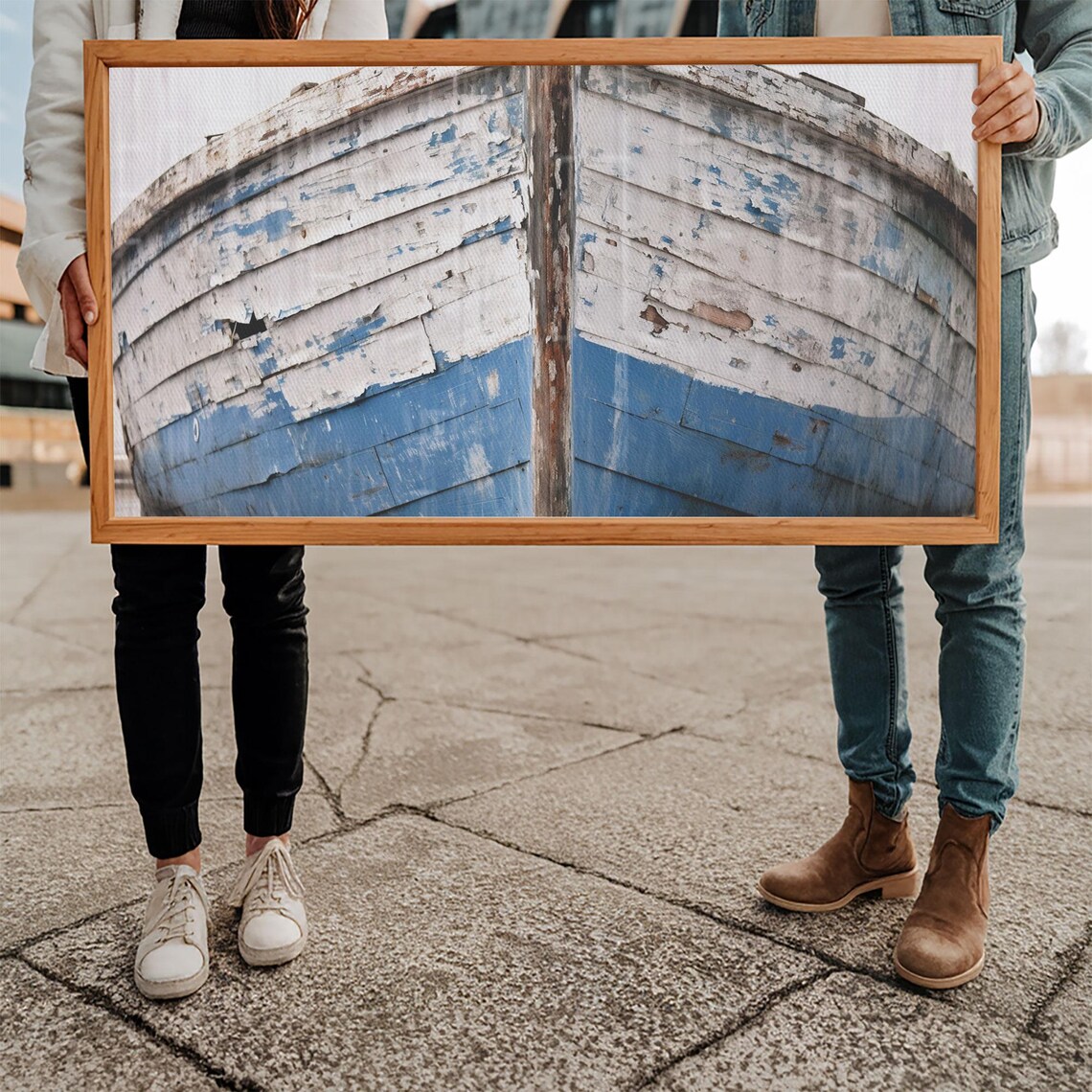 Weathered Old Wooden Boat Hull Peeling Blue Paint Nautical Wall Art - Image 5