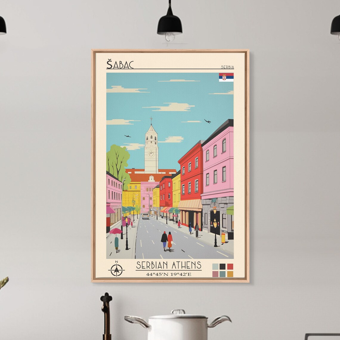 Sabac Serbia Colorful Main Street Clock Tower Midcentury Travel Poster - Image 5