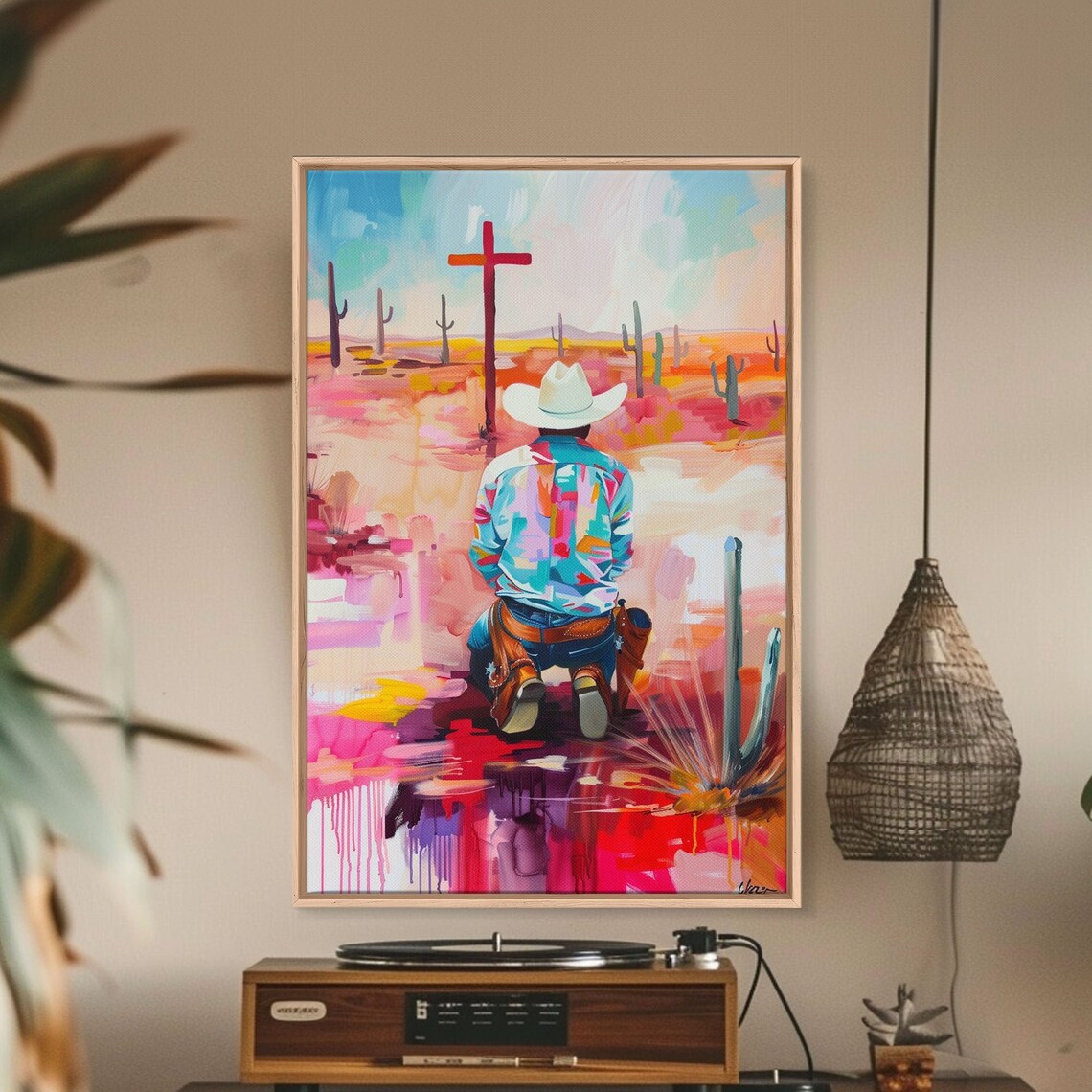 Cowboy Kneeling Before Cross Colorful Desert Faith Art Poster - Image 2