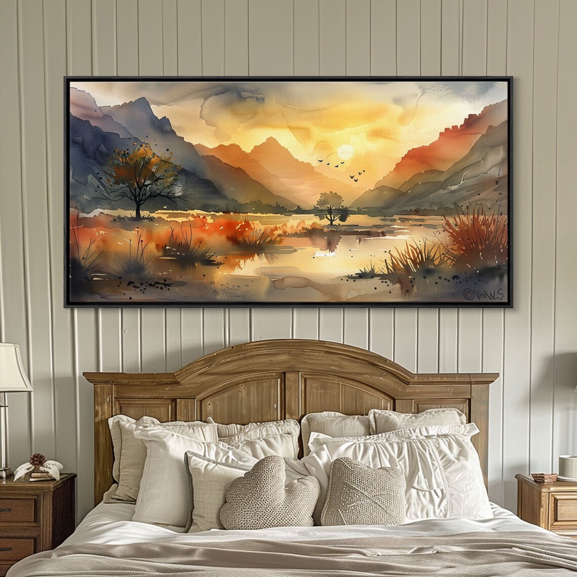 Golden Autumn Marsh Watercolor Mountain Lake Sunset Landscape Poster - Image 3