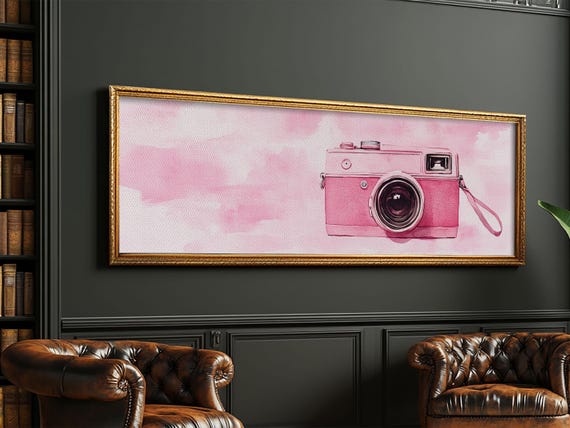 Retro Camera Wall Art Framed Print Pink Minimalist Cottagecore Decor Light Pink Dorm Decor Living Room Horizontal Artwork