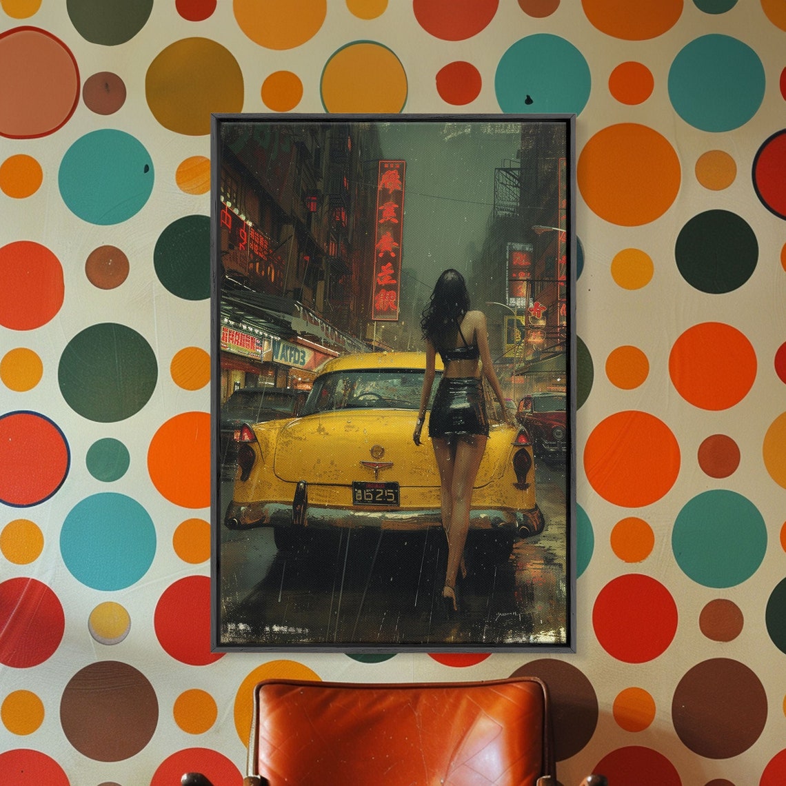Japanese City Art Framed And Printed On Taxi Cab Oil Painting Printed On Art Print Of Woman With Taxi Cab In Tokyo Japan - Image 5