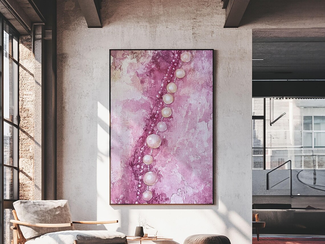 Pink Pearls Abstract Beads Vertical Painting Feminine Wall Art Poster