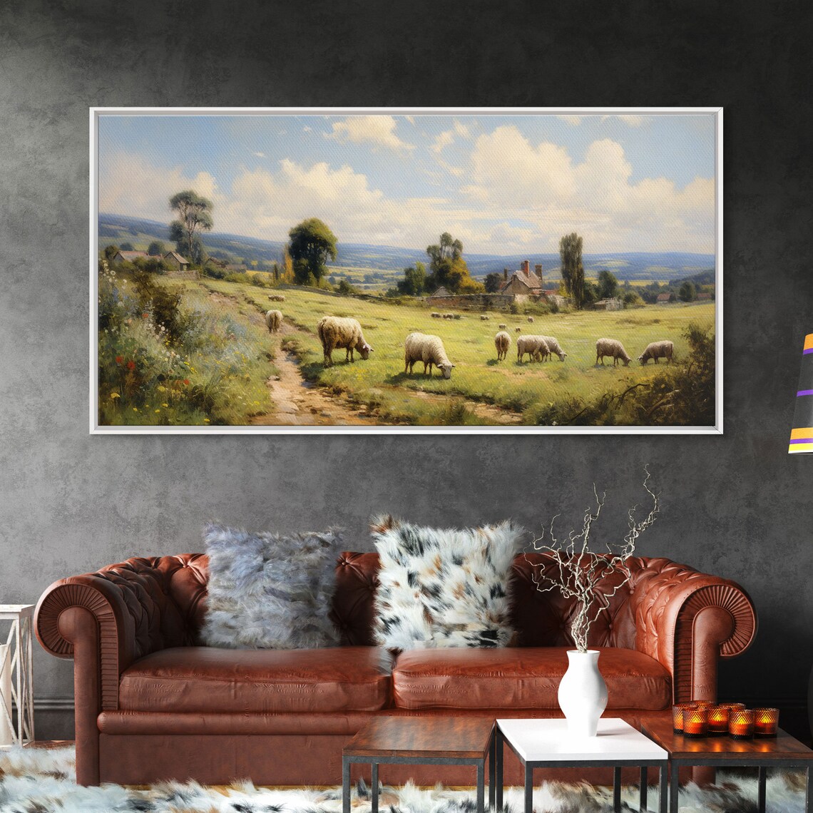 Sheep Countryside Farmhouse Landscape Art Print