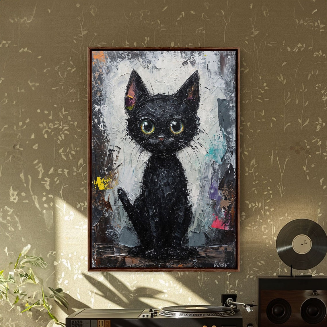 Abstract Black Cat Framed Print Cat Lover Art Cute Cat Printed On Black Cat Textured Wall Art Gift For Cat Lover - Image 5
