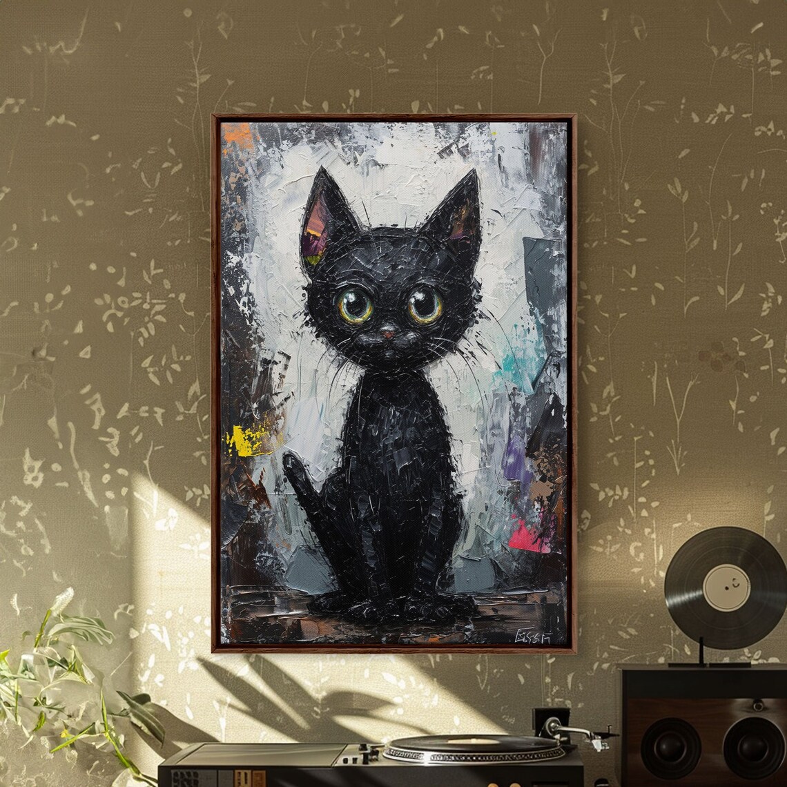 Black Cat Big Green Eyes Abstract Impasto Painting Cute Wall Art - Image 5
