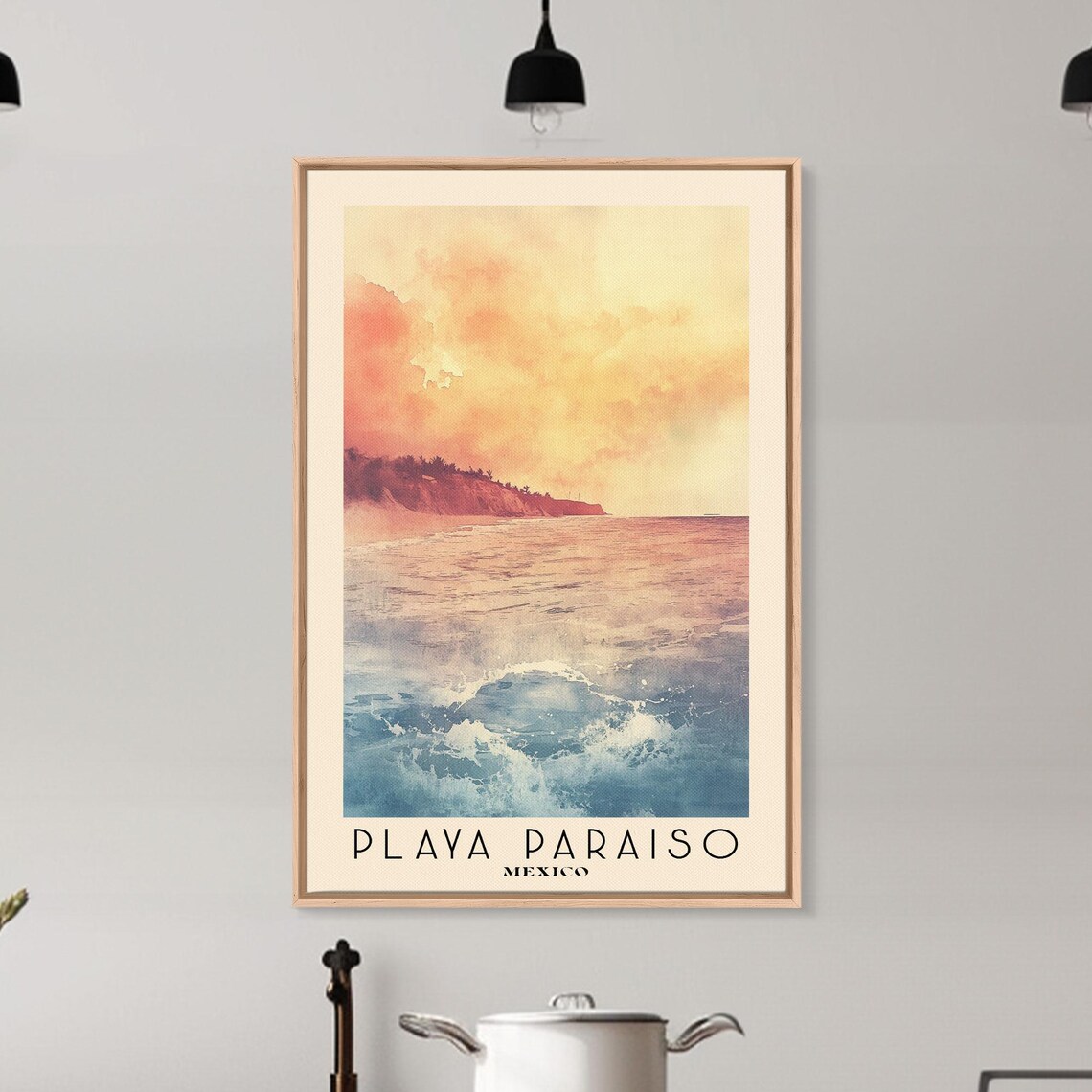 Playa Paraiso Mexico Peach Sunset Ocean Glow Watercolor Travel Poster - Image 6