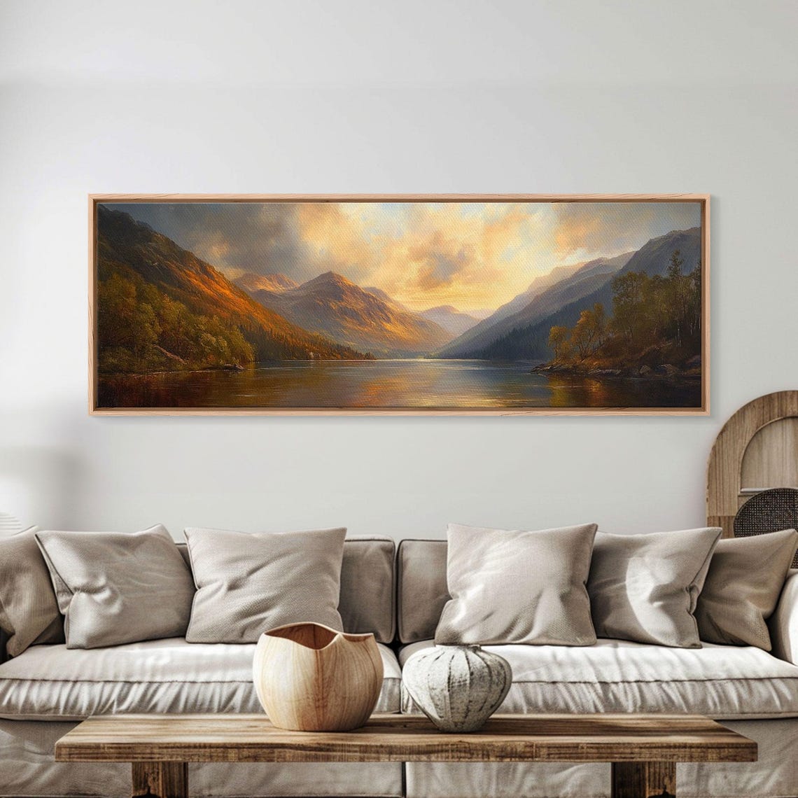 Sunrise Over The Lake Framed Print Boho Style Panoramic Painting Minimalist Wall Art Rustic Farmhouse Home Decor - Image 4
