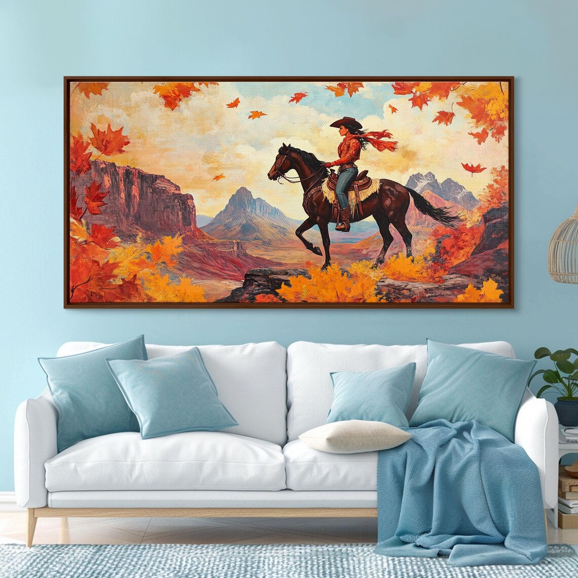 Cowgirl Riding Through Red Rock Canyon Golden Autumn Leaves Poster - Image 3