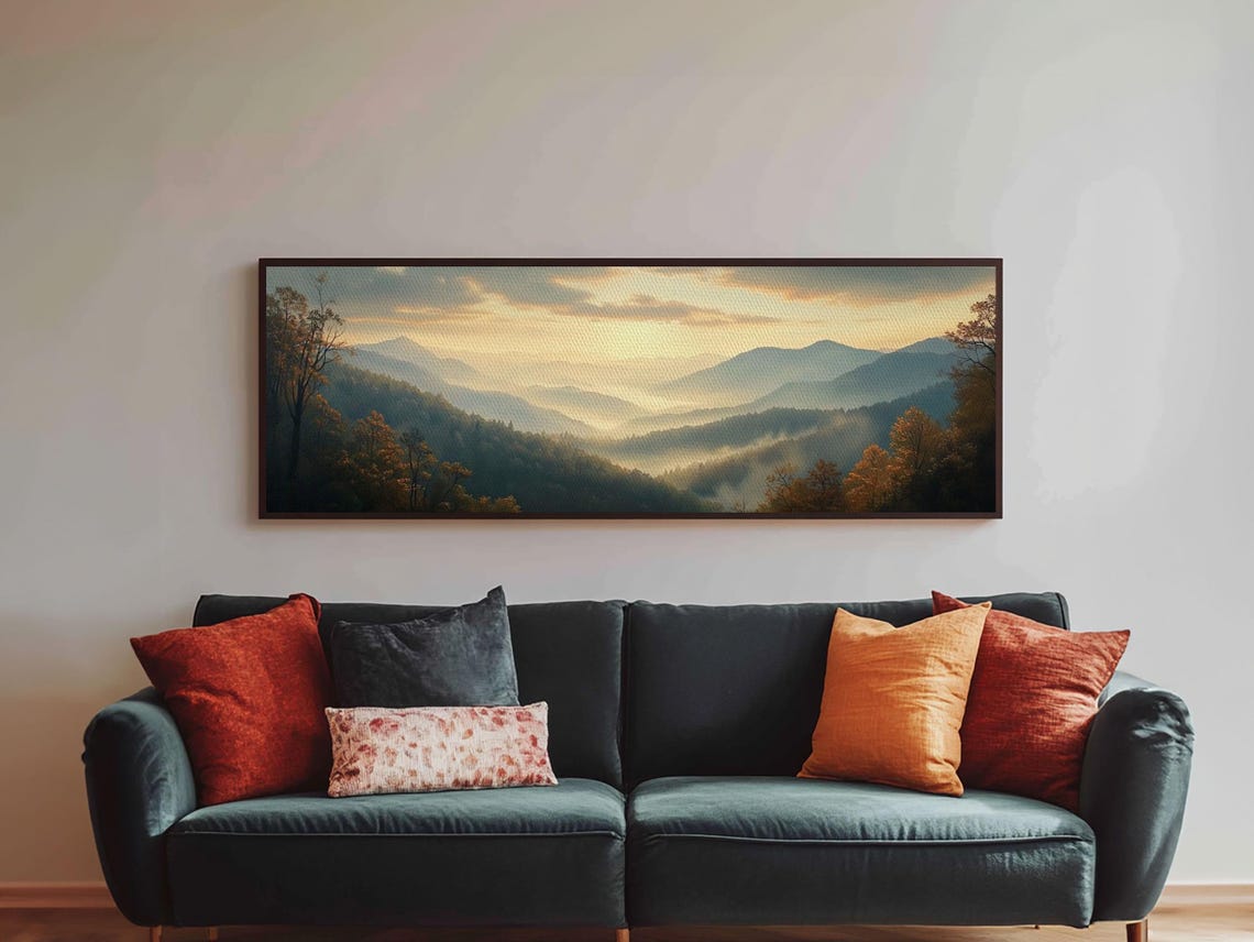 Abstract Golden Mountain Sunrise Misty Layers Panoramic Poster Art - Image 2