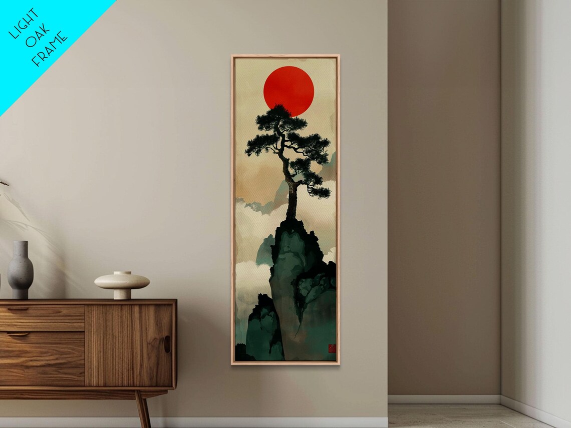 Bonsai Tree Mountain Red Sun Japanese Tall Wall Art Skinny Framed Print Ukiyo E Style - Image 2