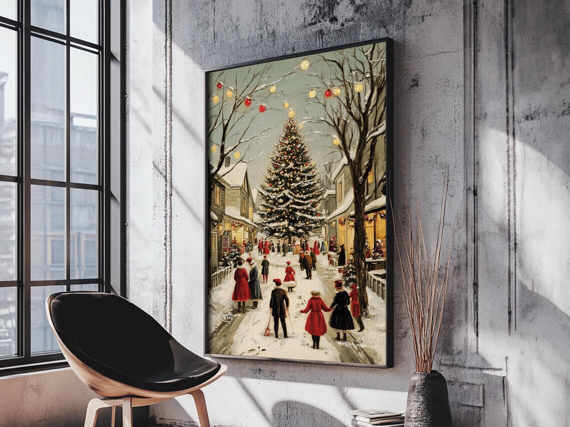 Christmas Tree Town Square Vintage Snowy Village Holiday Art Poster - Image 6