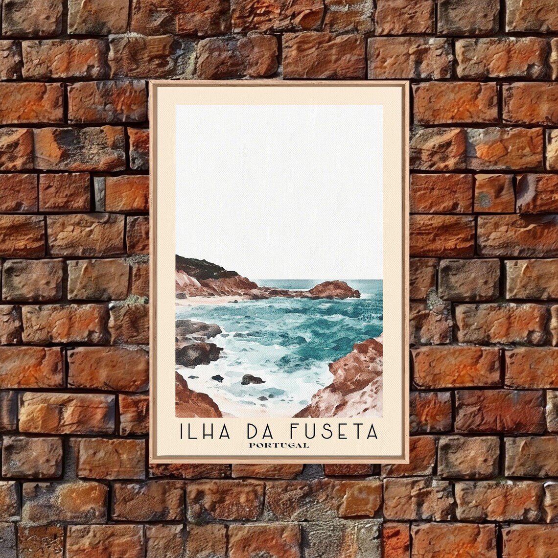Ilha Da Fuseta Portugal Red Rocky Cove Turquoise Surf Watercolor Art Poster - Image 5