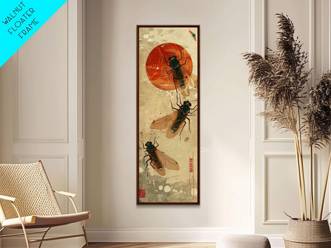 Cicadas With Red Sun Vintage Japanese Woodblock Skinny Tall Poster - Image 6