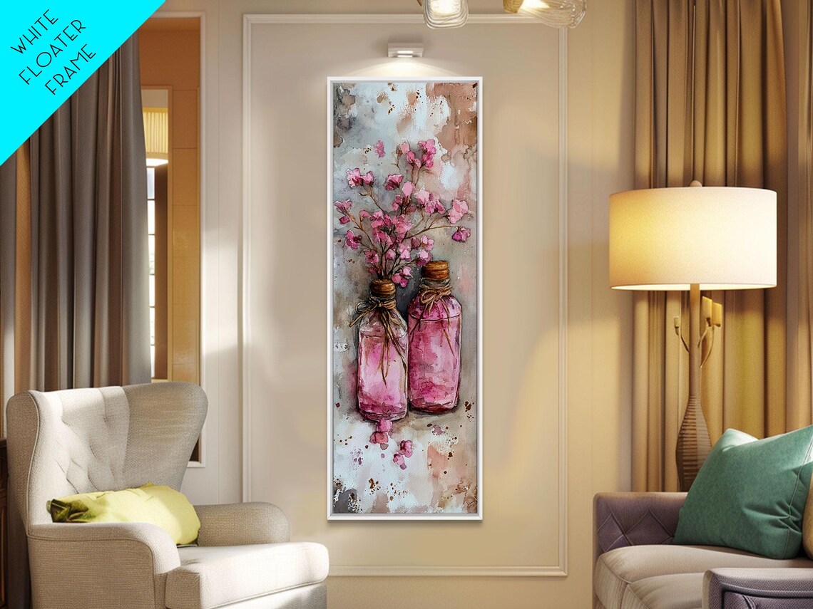 Pink Glass Bottles Wildflowers Rustic Farmhouse Watercolor Poster - Image 3