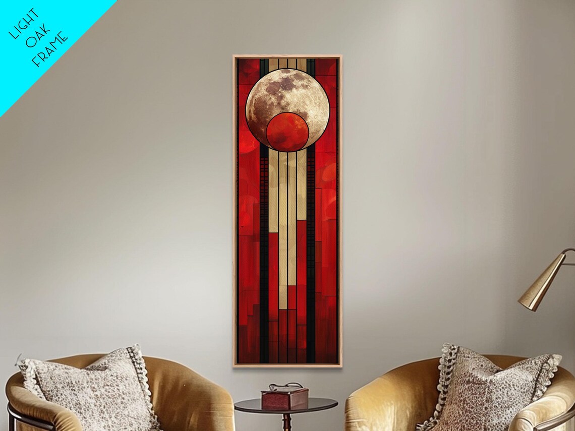 Geometric Sun Moon Celestial Art Red Beige Modern Tall Print - Image 4