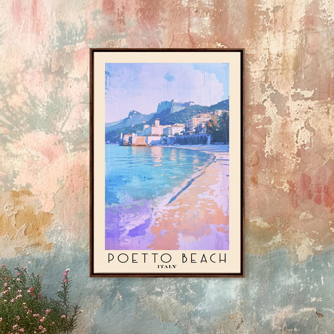 Poetto Beach Italy Pastel Shore Turquoise Water Watercolor Travel Poster