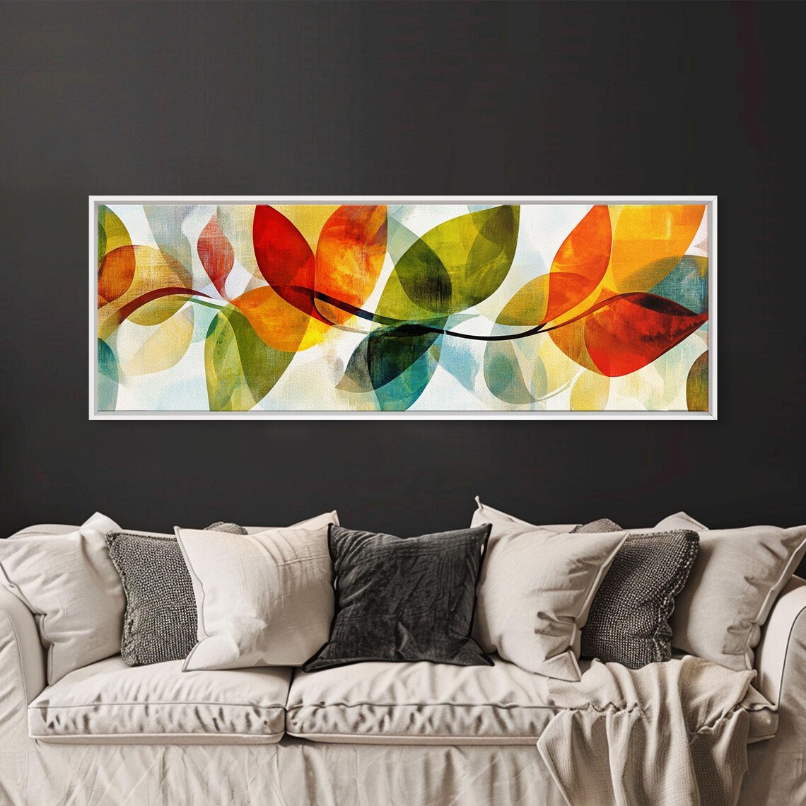 Abstract Floral Leaves Watercolor Red Orange Green Modern Wall Art - Image 4