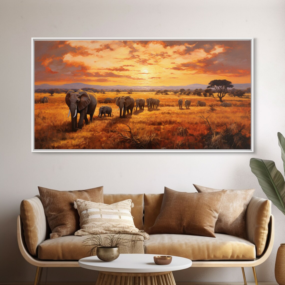 African Elephants Herd Savanna Sunset Acacia Tree Golden Safari Wildlife Wall Art Print