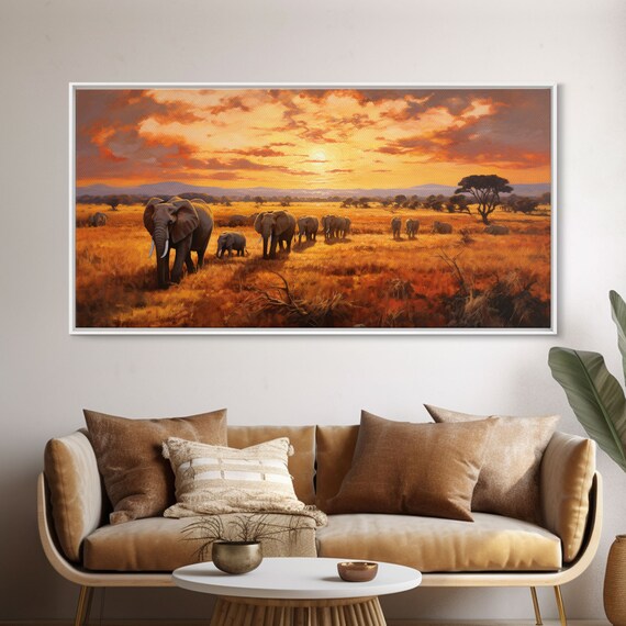 African Elephants Herd Savanna Sunset Acacia Tree Golden Safari Wildlife Wall Art Print