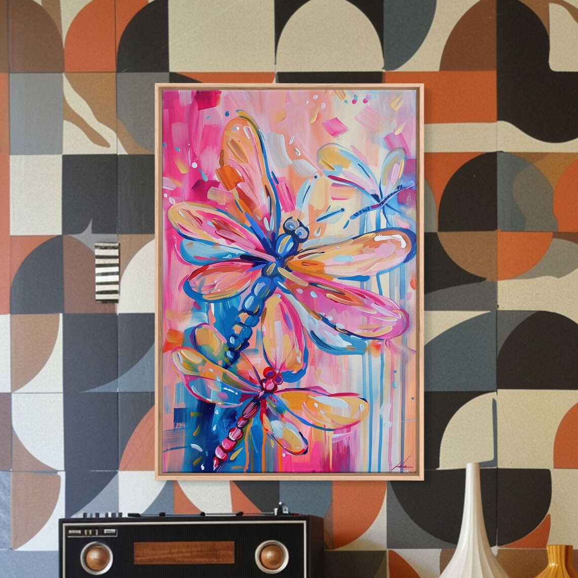 Trio Of Colorful Dragonflies Abstract Pink Blue Nature Poster - Image 5