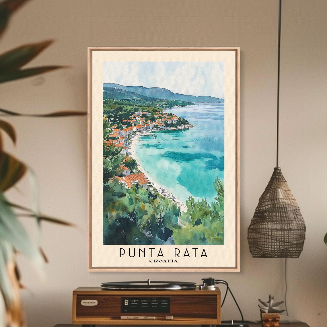 Punta Rata Croatia Red Roof Coastal Town Turquoise Bay Hillside View Watercolor Poster - Image 2