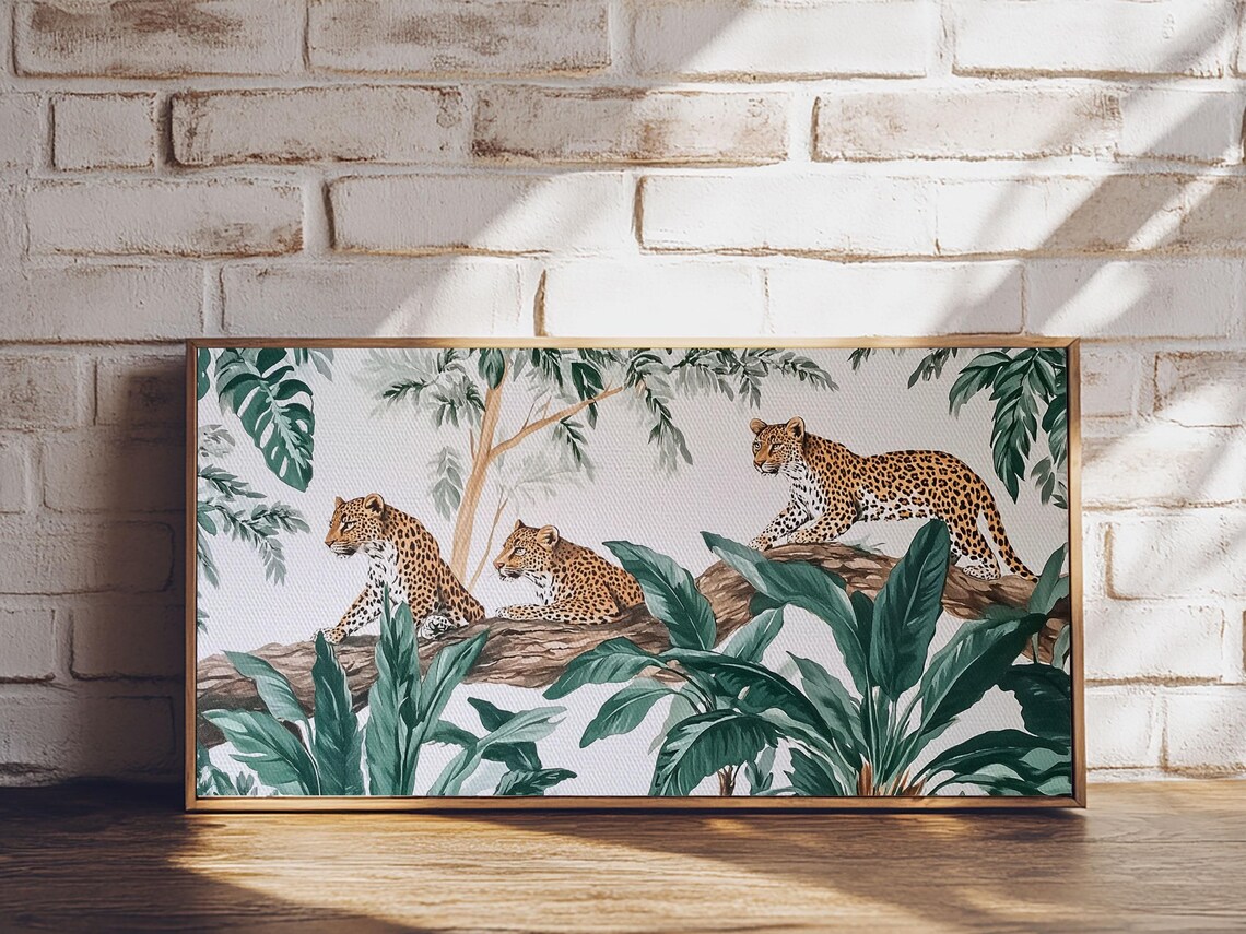 Three Leopards Tropical Jungle Branch Watercolor Wildlife Illustration Poster - Image 2