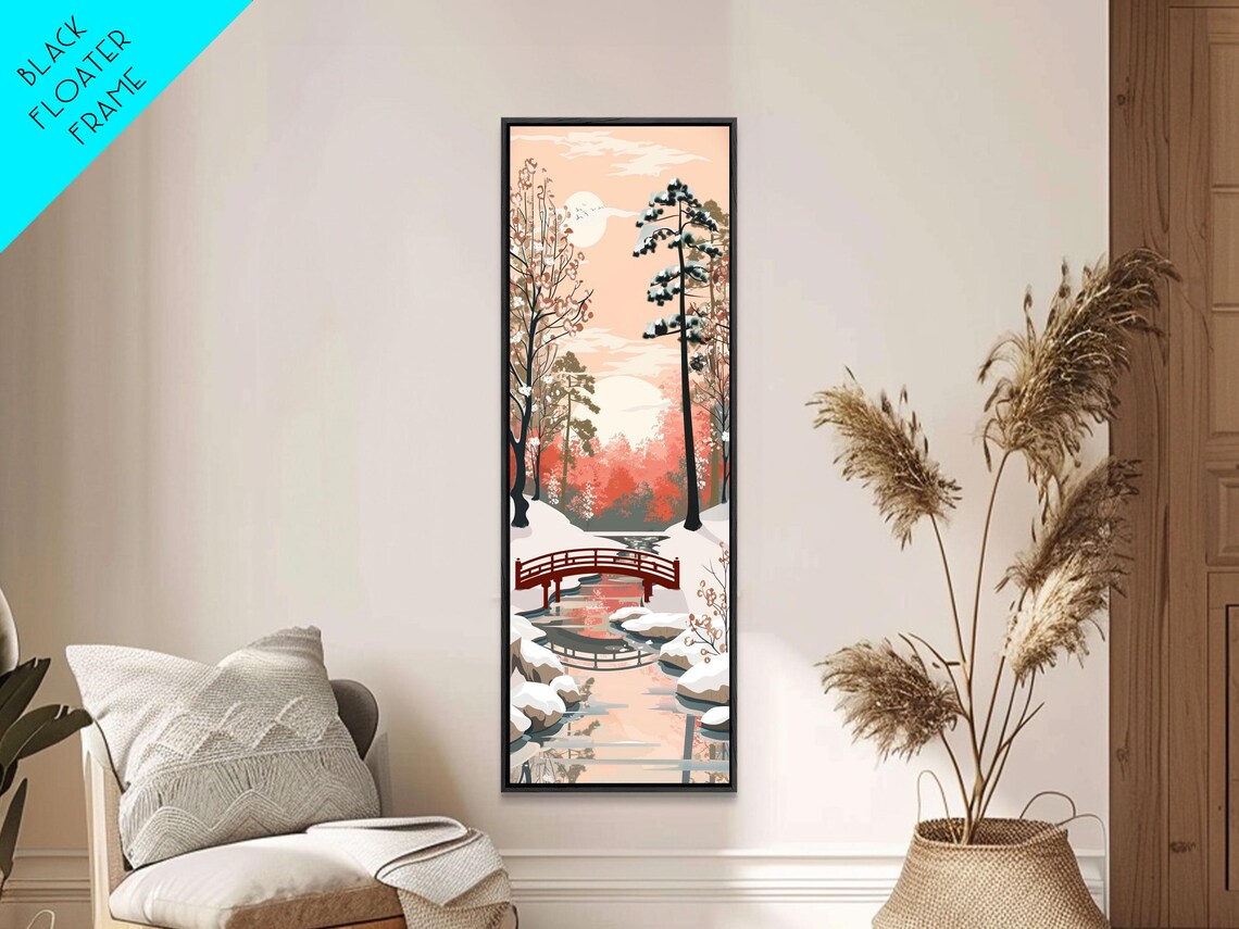 Japanese Winter Red Bridge Snow Pines Serene Landscape Art Poster - Image 3