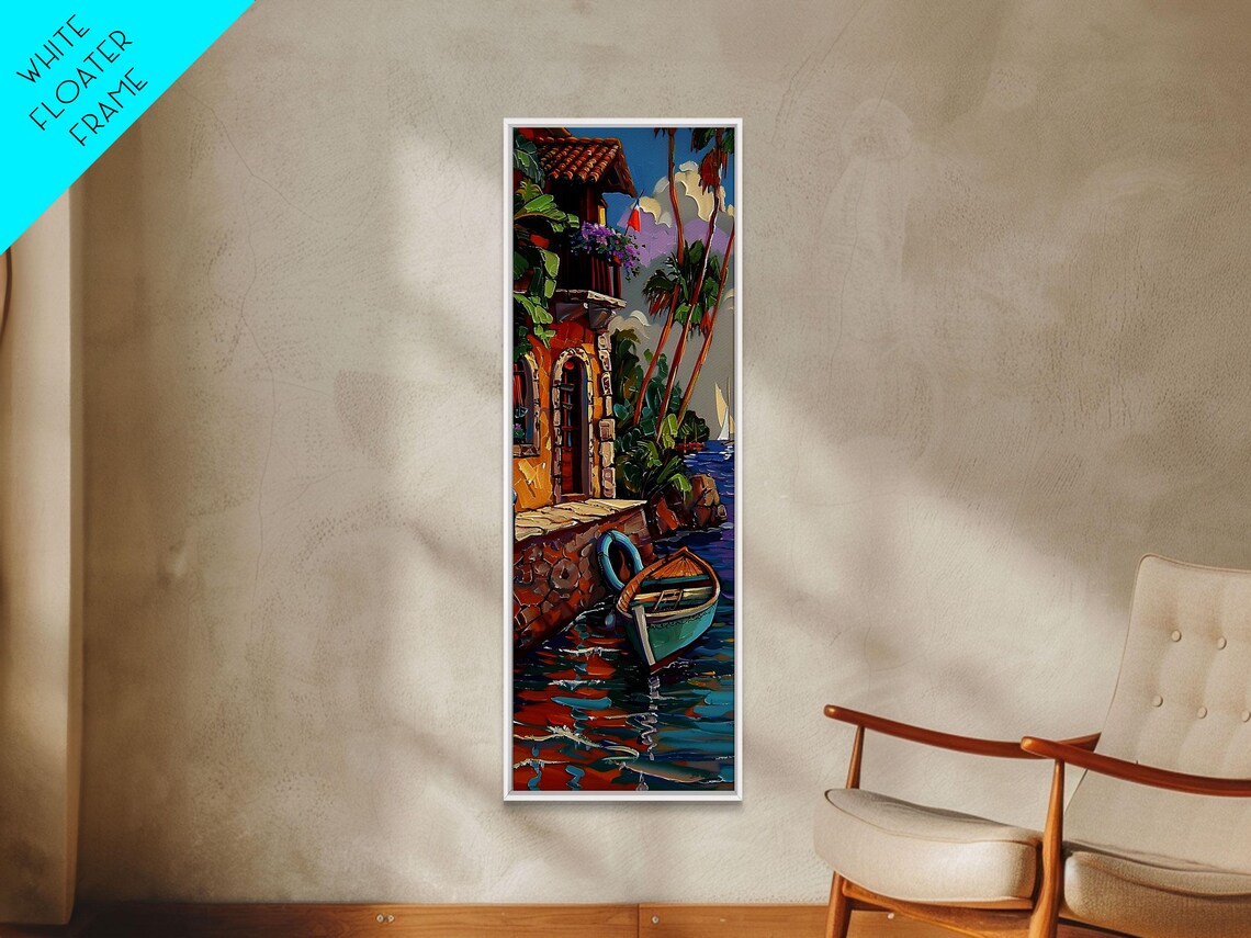 Mediterranean Waterfront Tower With Moored Boat Impasto Harbor Poster - Image 4