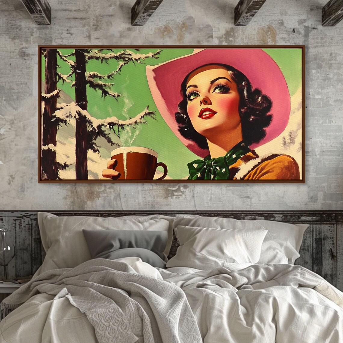 Retro 1950s Pinup Cowgirl With Cocoa Mug Snowy Pines Vintage Poster - Image 4