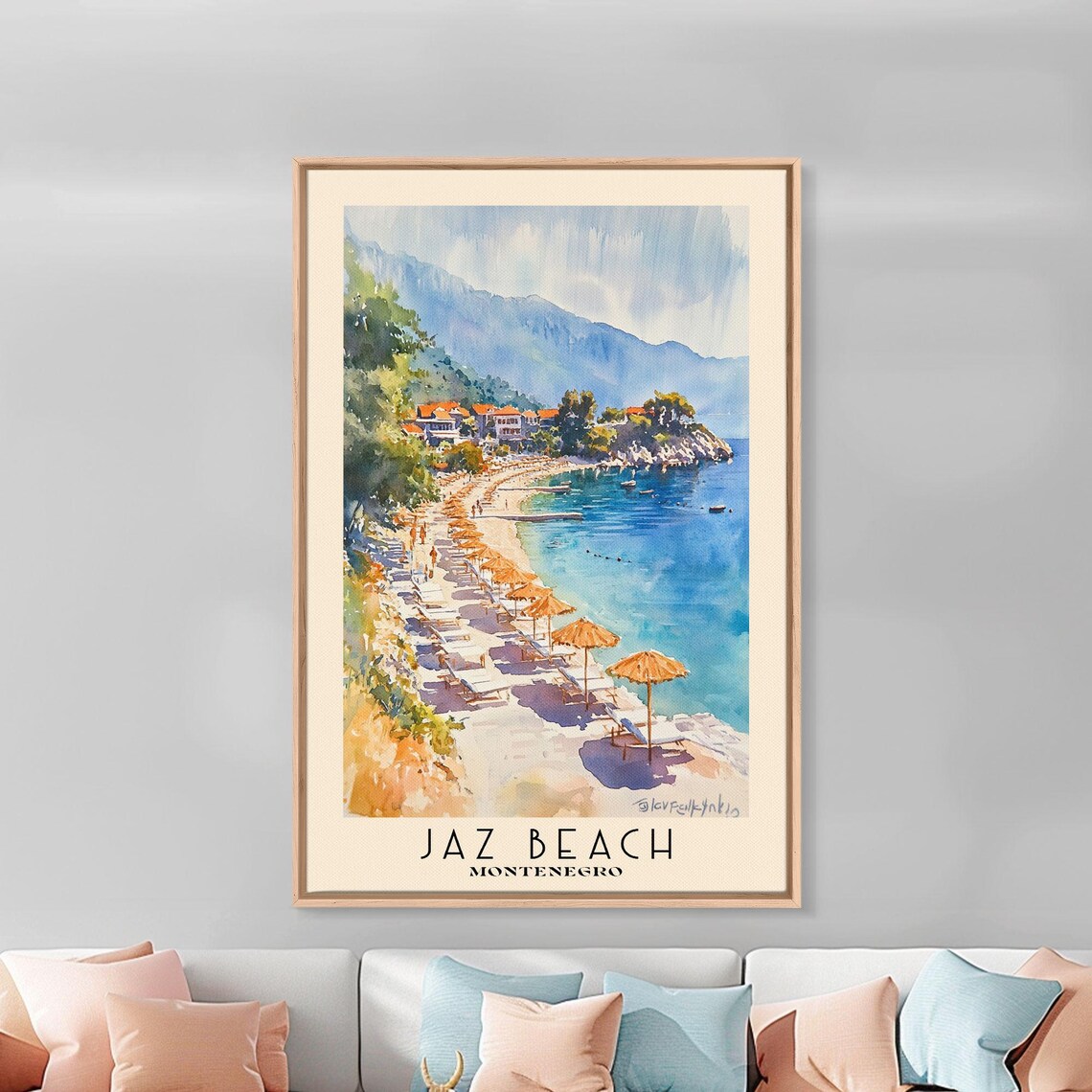 Jaz Beach Montenegro Orange Umbrellas Sandy Shore Mountain Watercolor Poster - Image 3
