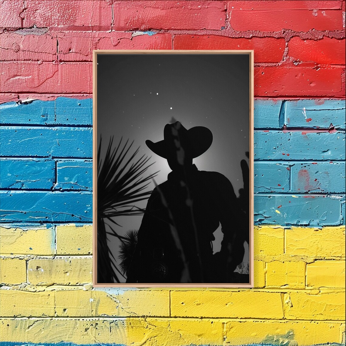 Lone Cowboy Silhouette Under Starry Night Black And White Poster - Image 4
