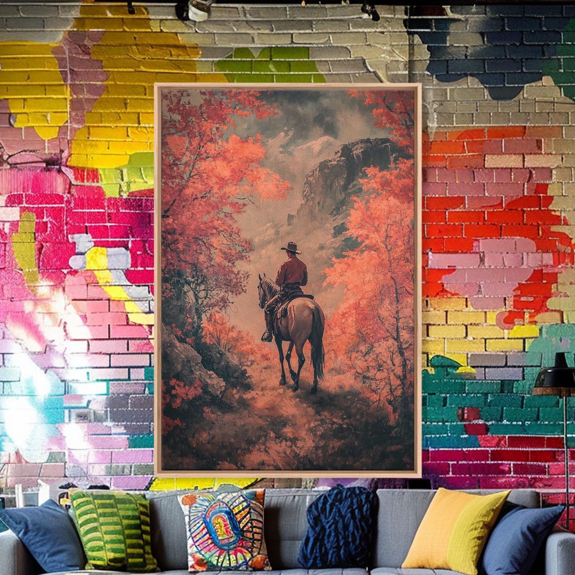 Cowboy On Horseback Canyon Path Blazing Red Autumn Trees Rocky Poster - Image 4