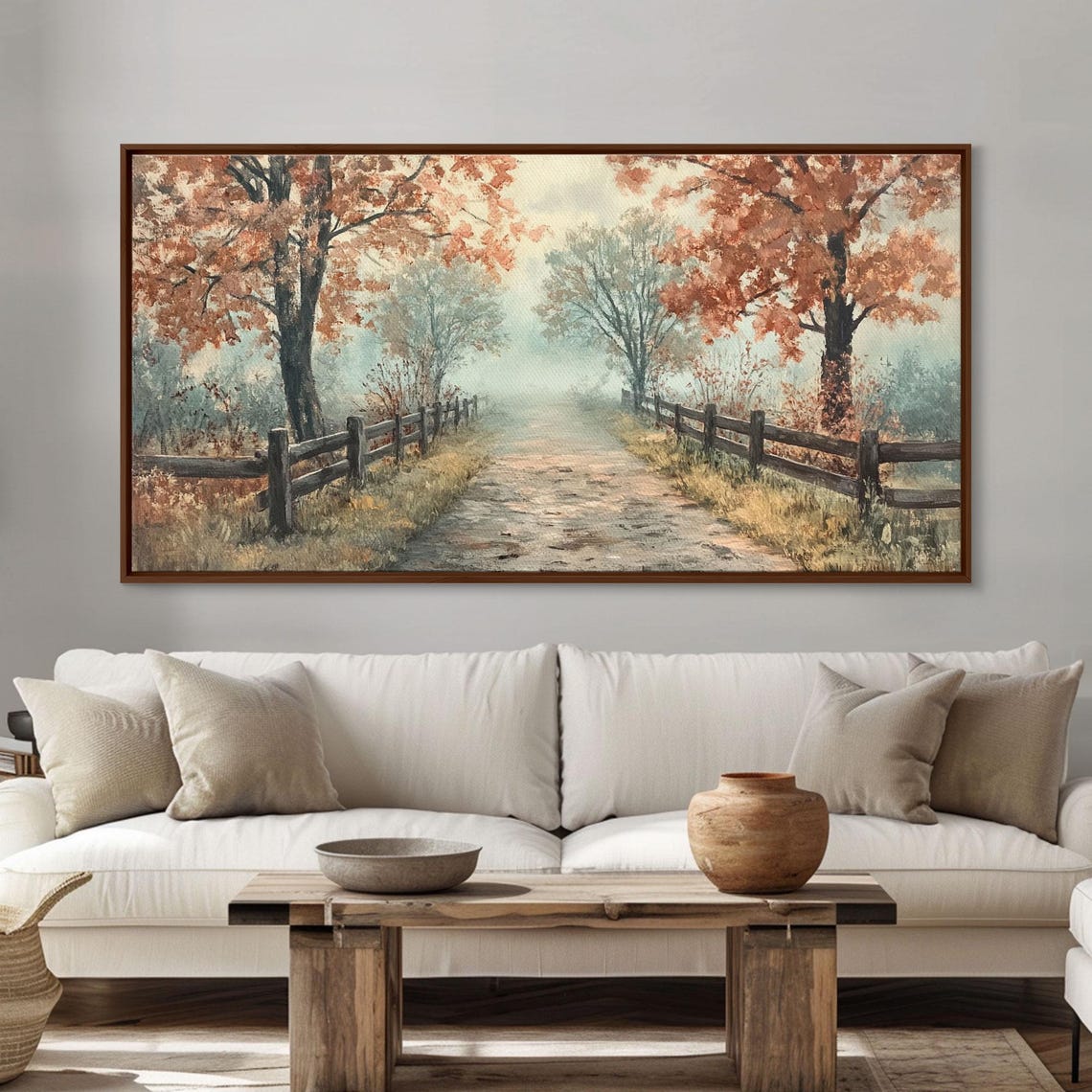 Autumn Path Rustic Fence Trees Misty Fall Landscape Painting Poster - Image 5