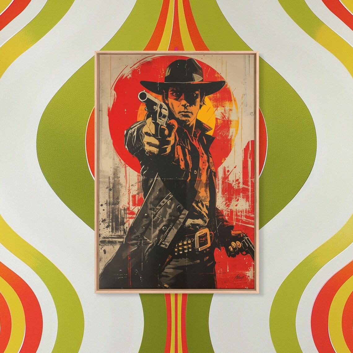 Wild West Cowboy Pointing Revolver Poster with Bold Red Sun Design - Image 4