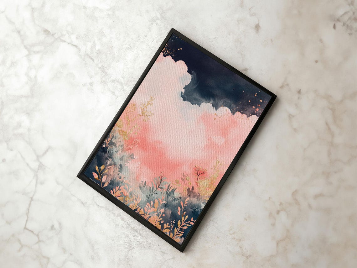 Moody Pink Cloud Sky Dark Botanical Gold Night Landscape Wall Art - Image 3