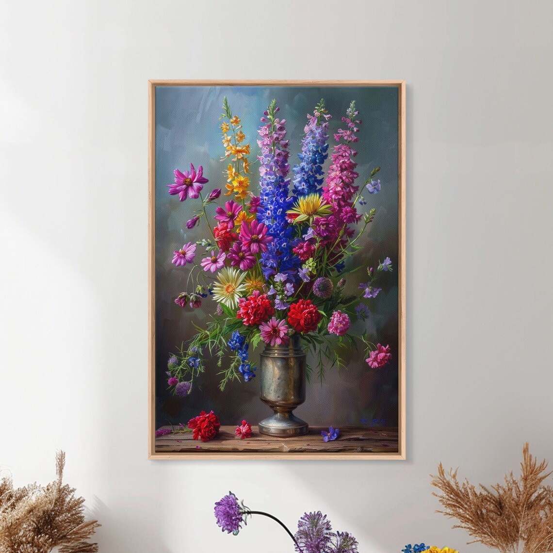 Dramatic Floral Bouquet Cosmos Delphinium Dark Background Art Poster - Image 4