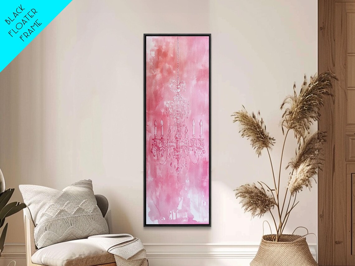 Pink Crystal Chandelier Line Art Watercolor Elegant Romantic Wall Art - Image 3