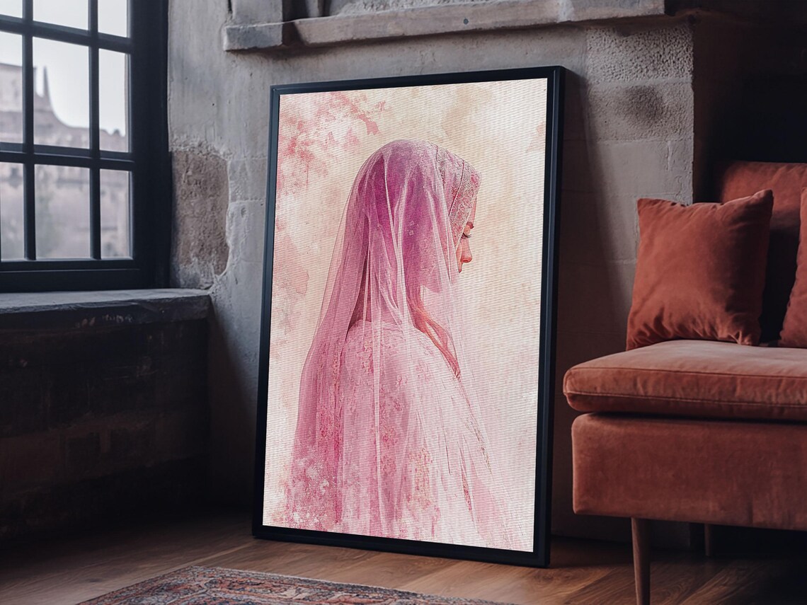 Woman In Flowing Pink Veil Watercolor Romantic Portrait Wall Art Print