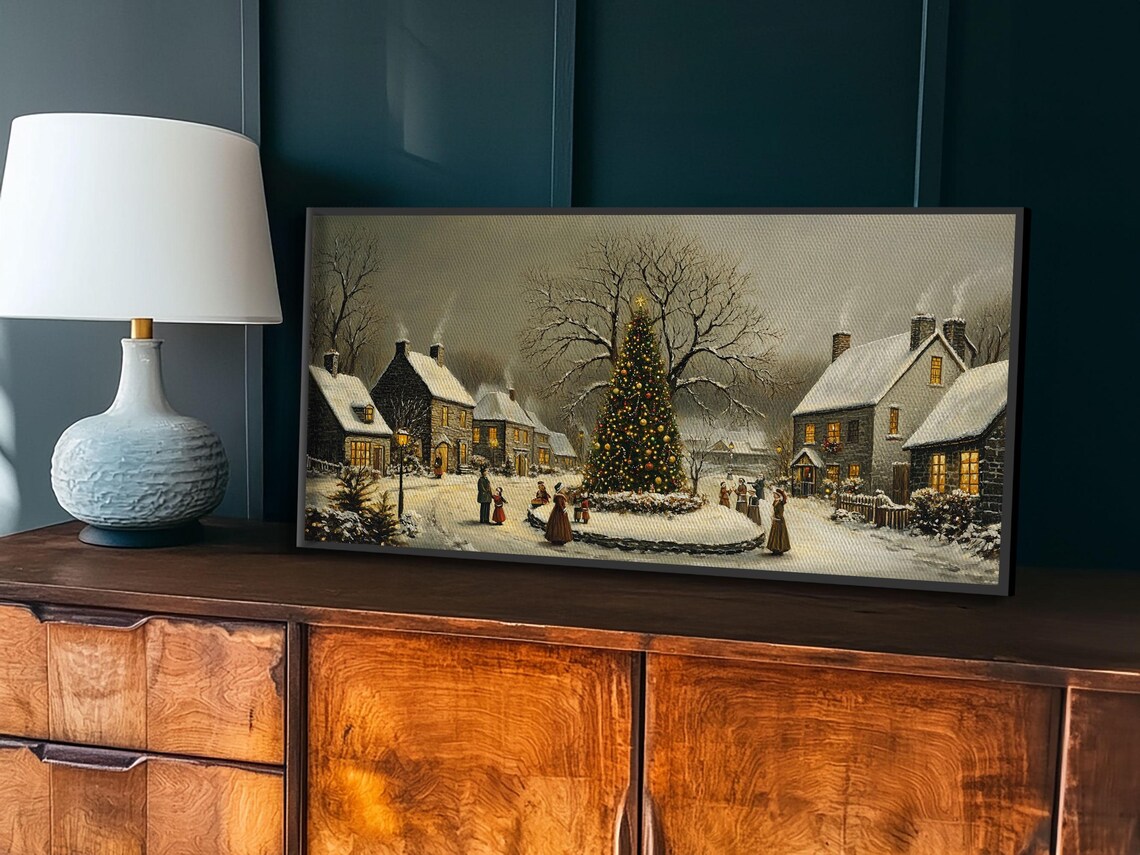 Cozy Christmas Village Square Snowy Night Lit Tree Oil Painting Print - Image 2