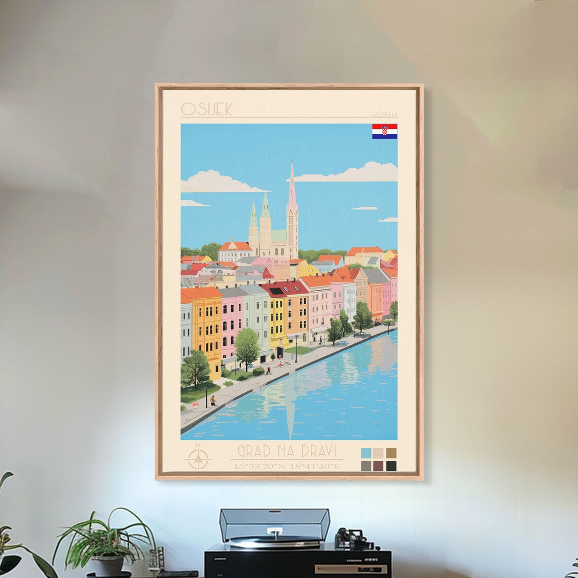 Osijek Croatia Riverfront Pastel Houses Church Towers Travel Poster
