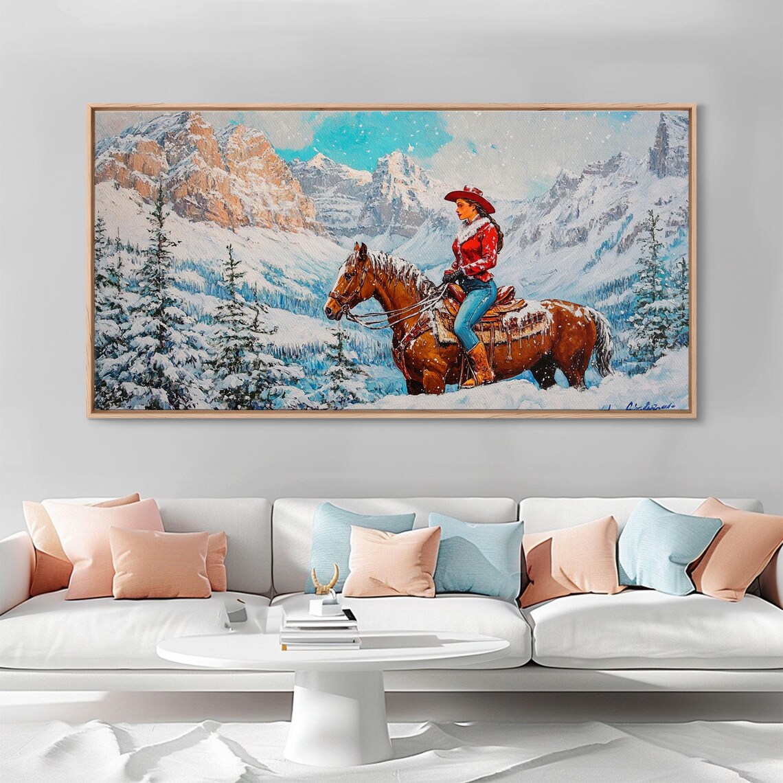 Cowgirl In Red Coat Riding Through Snowy Alpine Mountain Valley Poster