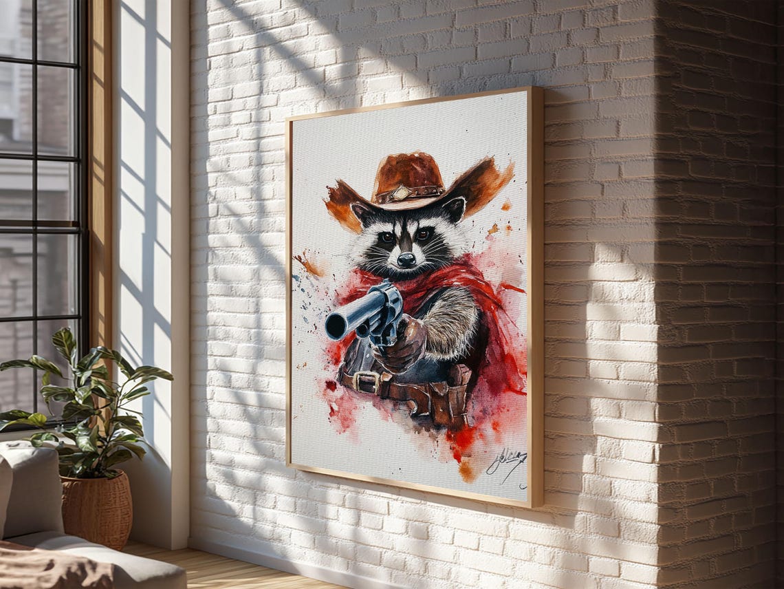 Wild West Racoon Cowboy Watercolor Painting Print Rustic Home Decor Framed Ready To Hang Nuevart - Image 3