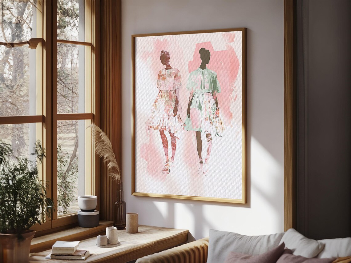 Fashion Silhouettes Two Women Pink Dresses Chic Style Art Poster - Image 3