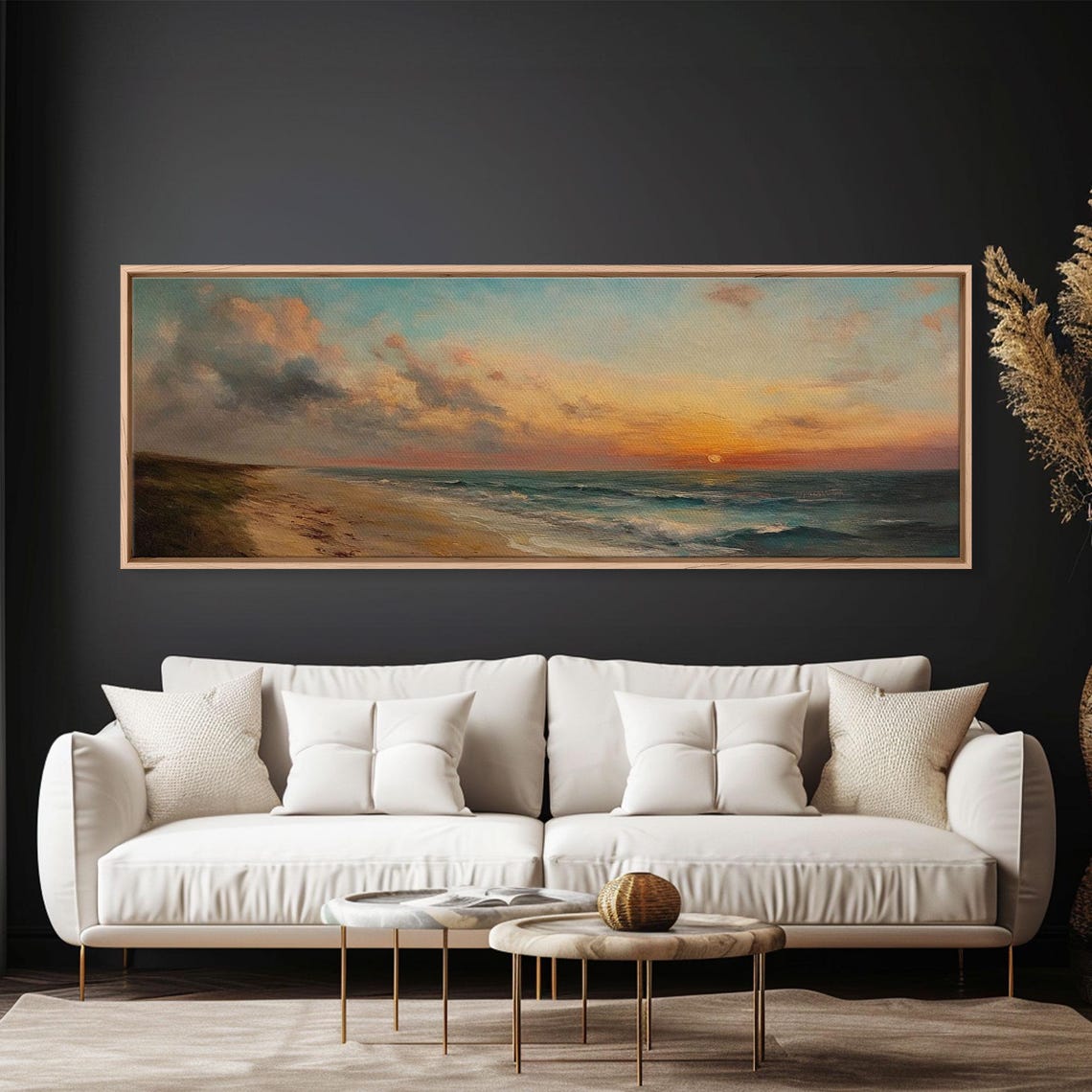 Muted Beach Sunset Calm Ocean Waves Vintage Oil Travel Poster - Image 4