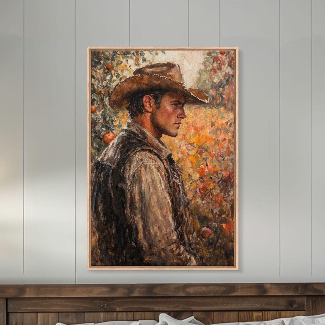 Thoughtful Cowboy Portrait Autumn Orchard Warm Painterly Art Poster - Image 2