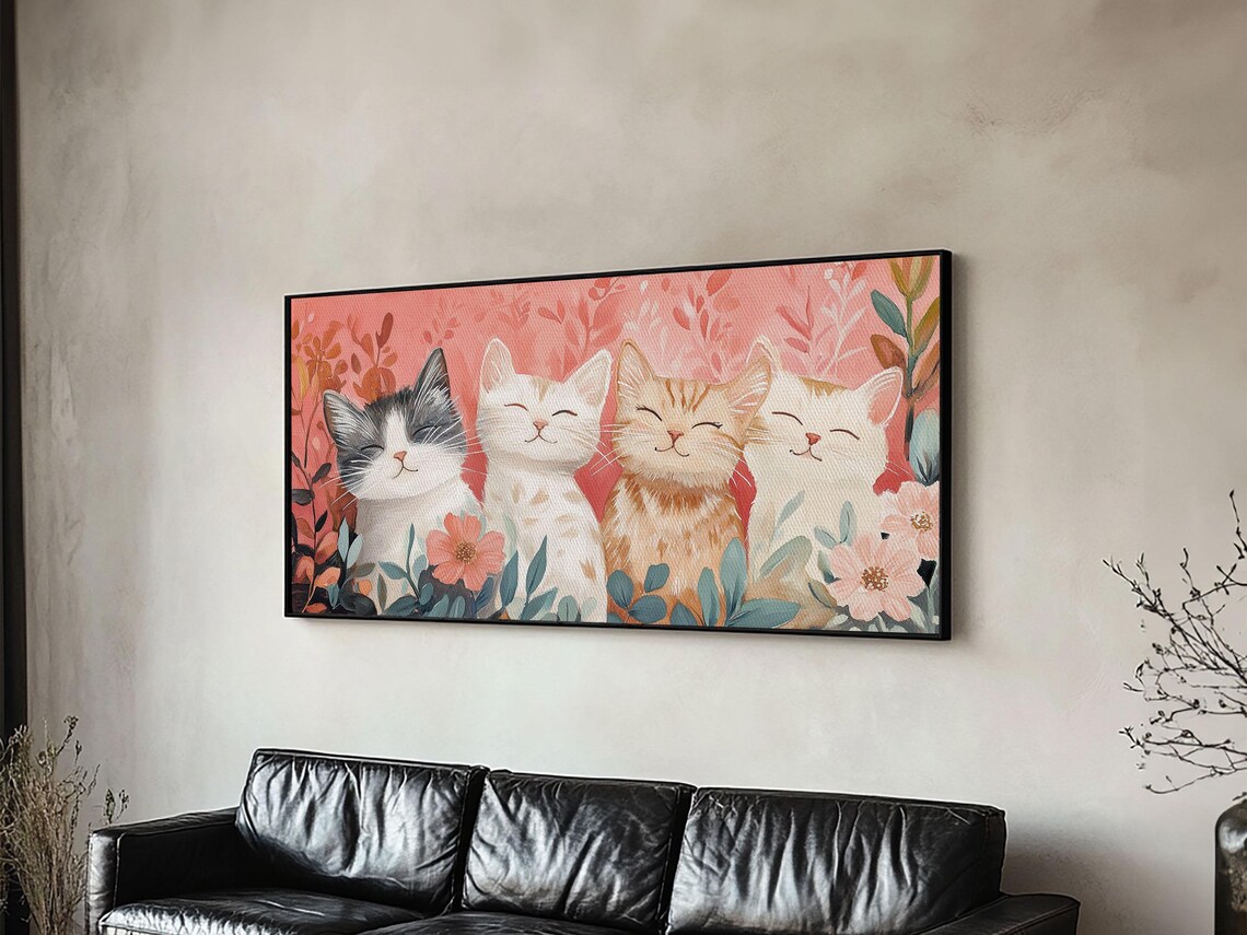 Four Happy Smiling Cats Floral Illustration Cute Kitten Gift Poster - Image 3