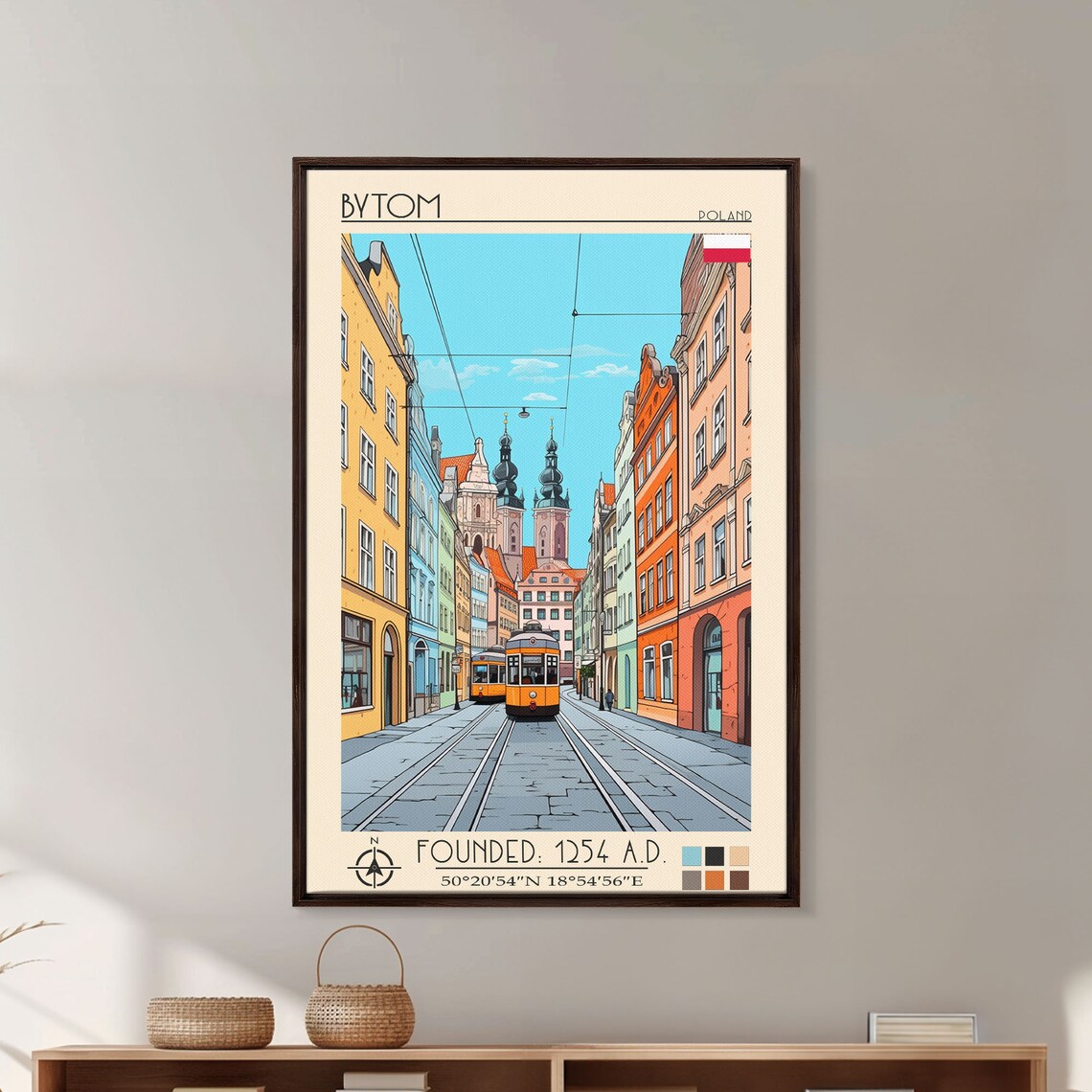 Bytom Poland Old Town Street Yellow Tram Twin Church Towers Art Poster - Image 5