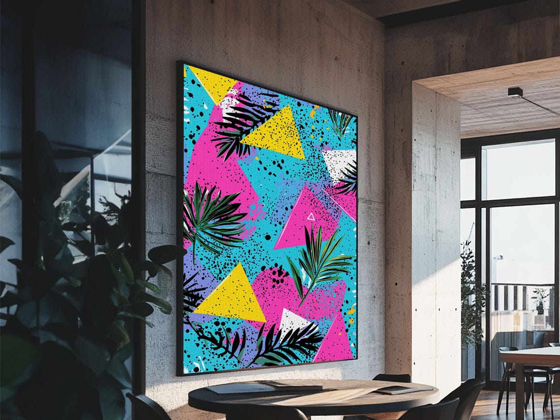 Retro 90s Neon Triangles Palm Leaves Turquoise Pink Pop Wall Art - Image 3